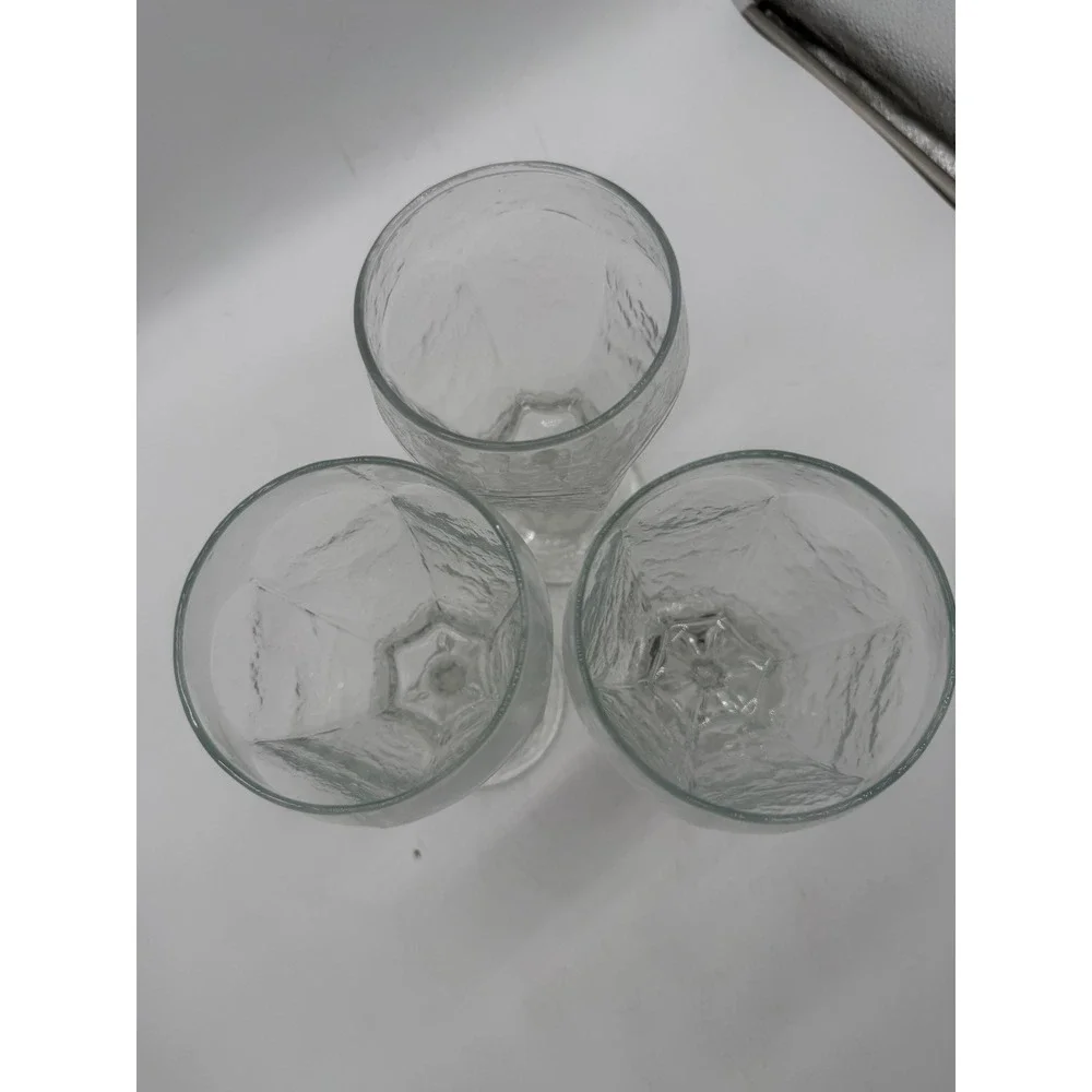 Vintage Clear Textured Glass Goblets Set of 3 Bark Base Paneled Water Wine 6.25
